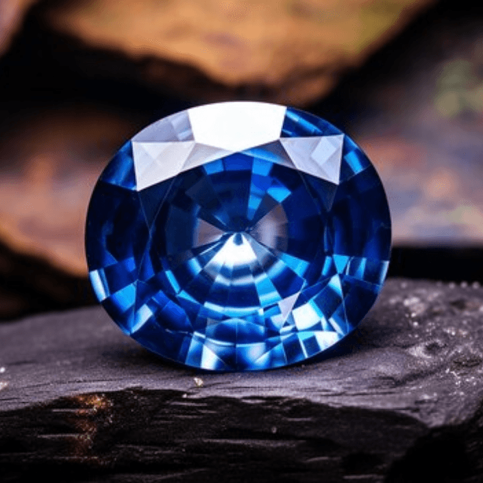 A blue sapphire stone resting elegantly on a textured rock surface.