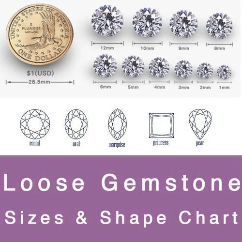 Gemstone size and shape chart displaying various loose gemstones in different shapes and dimensions for reference.